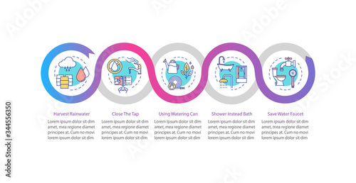Water saving vector infographic template. Resources sustainable consumption presentation design elements. Data visualization with five steps. Process timeline chart. Workflow layout with linear icons