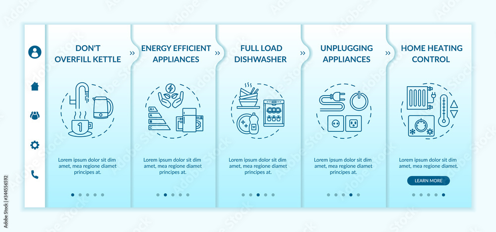 Resource efficiency onboarding vector template. Saving money on electricity and water economy. Responsive mobile website with icons. Webpage walkthrough step screens. RGB color concept
