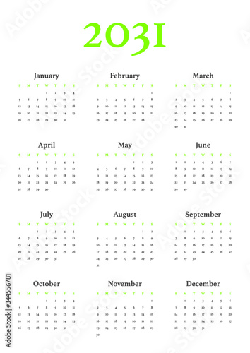 Annual calendar in A4 format for 2031 year