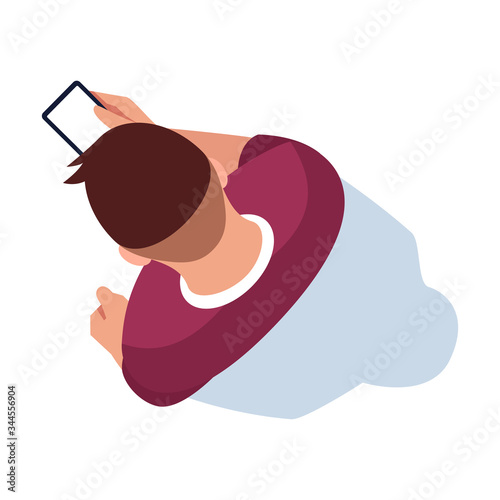 Wireless communication semi flat RGB color vector illustration. Man holding phone. Person looking at smartphone display. Browse online. Male isolated cartoon character top view on white background