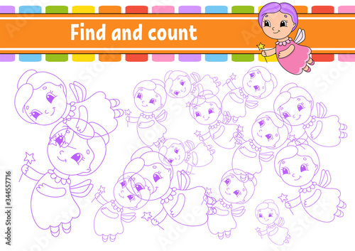 Find and count. Elderly fairy. Education developing worksheet. Activity page. Puzzle game for children. Logical thinking training. Isolated vector illustration. Cartoon character.