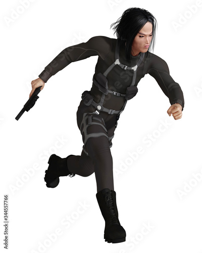 Illustration of a male Asian assassin dressed in black running and carrying a gun, 3d digitally rendered illustration