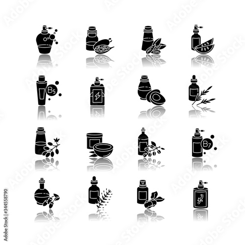 Hair oils drop shadow black glyph icons set. Hydrolyzed wheat protein cosmetic product. Almond extract for haircare. Argan oil for nourishment. Isolated vector illustrations on white space