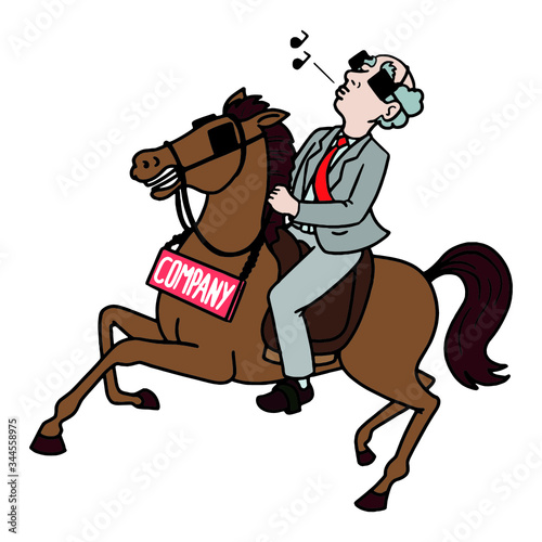 a businessman rides his horse in the wrong direction with blinders. corporate management, blind flight, comic.