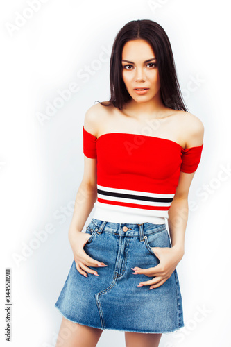 young happy smiling latin american teenage girl emotional posing on white background, lifestyle people concept