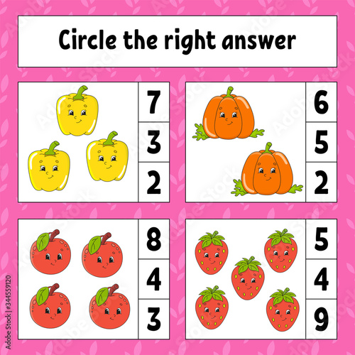 Circle the right answer. Education developing worksheet. Activity page with pictures. Fruits and vegetables. Game for children. Color isolated vector illustration. Funny character. Cartoon style.