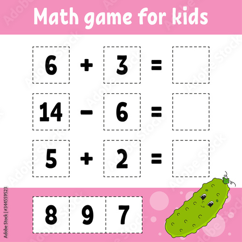 Math game for kids. Education developing worksheet. Activity page with pictures. Game for children. Color isolated vector illustration. Funny character. Cartoon style.