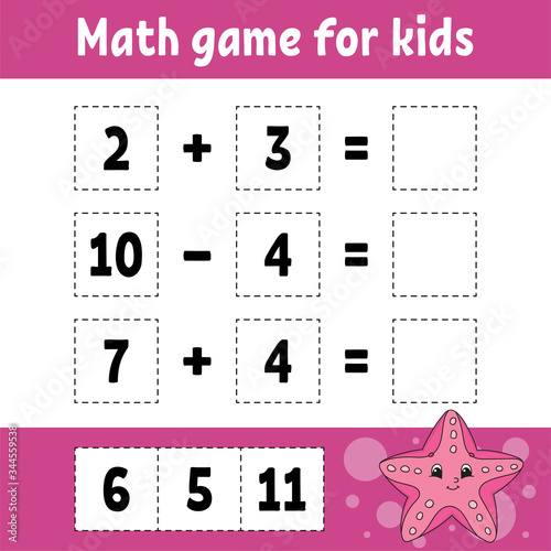 Math game for kids. Education developing worksheet. Activity page with pictures. Game for children. Color isolated vector illustration. Funny character. Cartoon style.