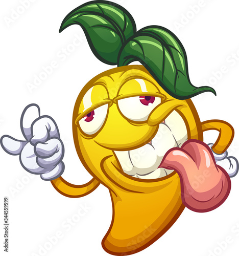 Cartoon mango character with sleepy eyes making the okay hand sign. Vector clip art illustration with simple gradients. All in single layer.
 photo