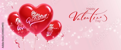 Horizontal banner For Valentine's Day. Realistic heart shaped balloons with inscriptions on a pink background.