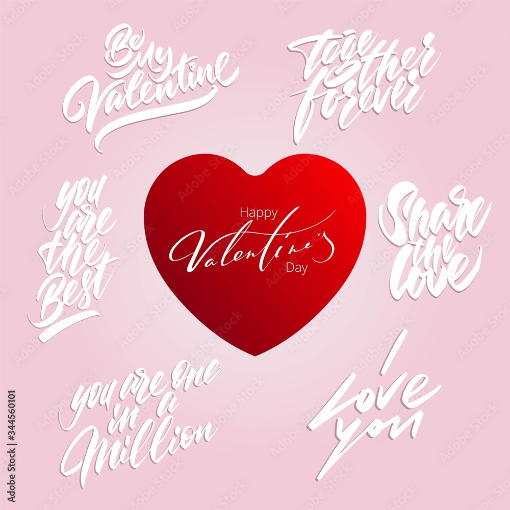 Set of handwritten phrases for cards. Lettering for love cards. Valentine's day celebration.