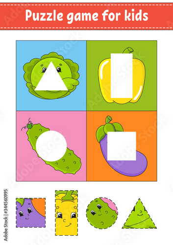 Puzzle game for kids. Cutting practice. Fruits and vegetables. Education developing worksheet. Activity page.Cartoon character.