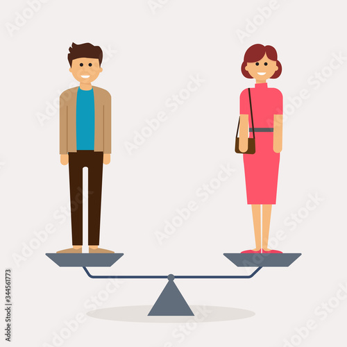 Business gender equality, businessman and businesswoman standing on weigher on the same height