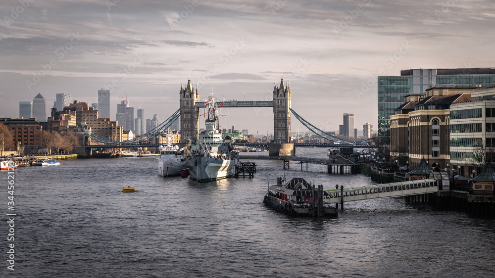 The View of London towards Tower Bridge and battleship Belfast