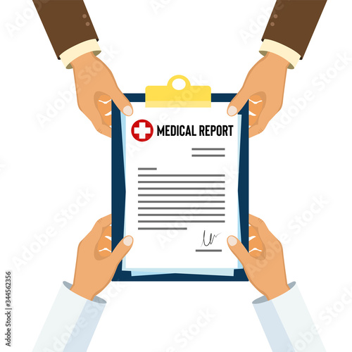 Medical report handover, isolated on white background