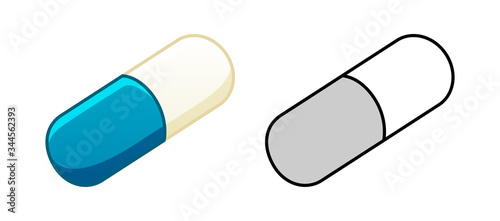 Flat and outline style oval capsule pills isolated illustration on white background