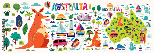 Australia collection with Australia map, animals, symbols, architecture Of Sydney photo