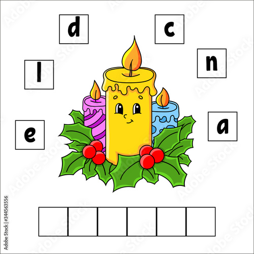 Words puzzle. Candle. Education developing worksheet. Learning game for kids. Activity page. Puzzle for children. Riddle for preschool. Vector illustration in cute cartoon style.