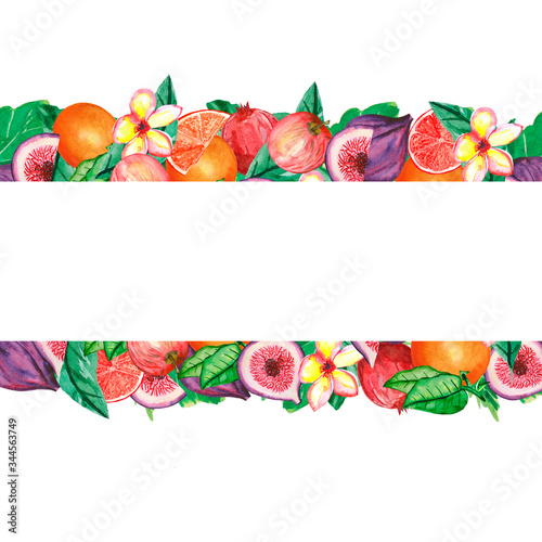 Watercolor illustration in a rectangular frame of fruits and green leaves on a white background. For the design of cards  posters.