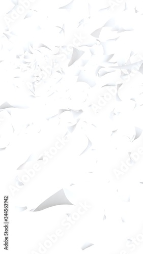 Flying sheets of paper isolated on white background. Abstract money is flying in the air. Vertical orientation. 3D illustration