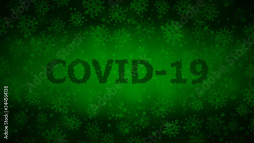 Background with viruses and inscription COVID-19 in dark green colors. Illustration on the coronavirus pandemic.