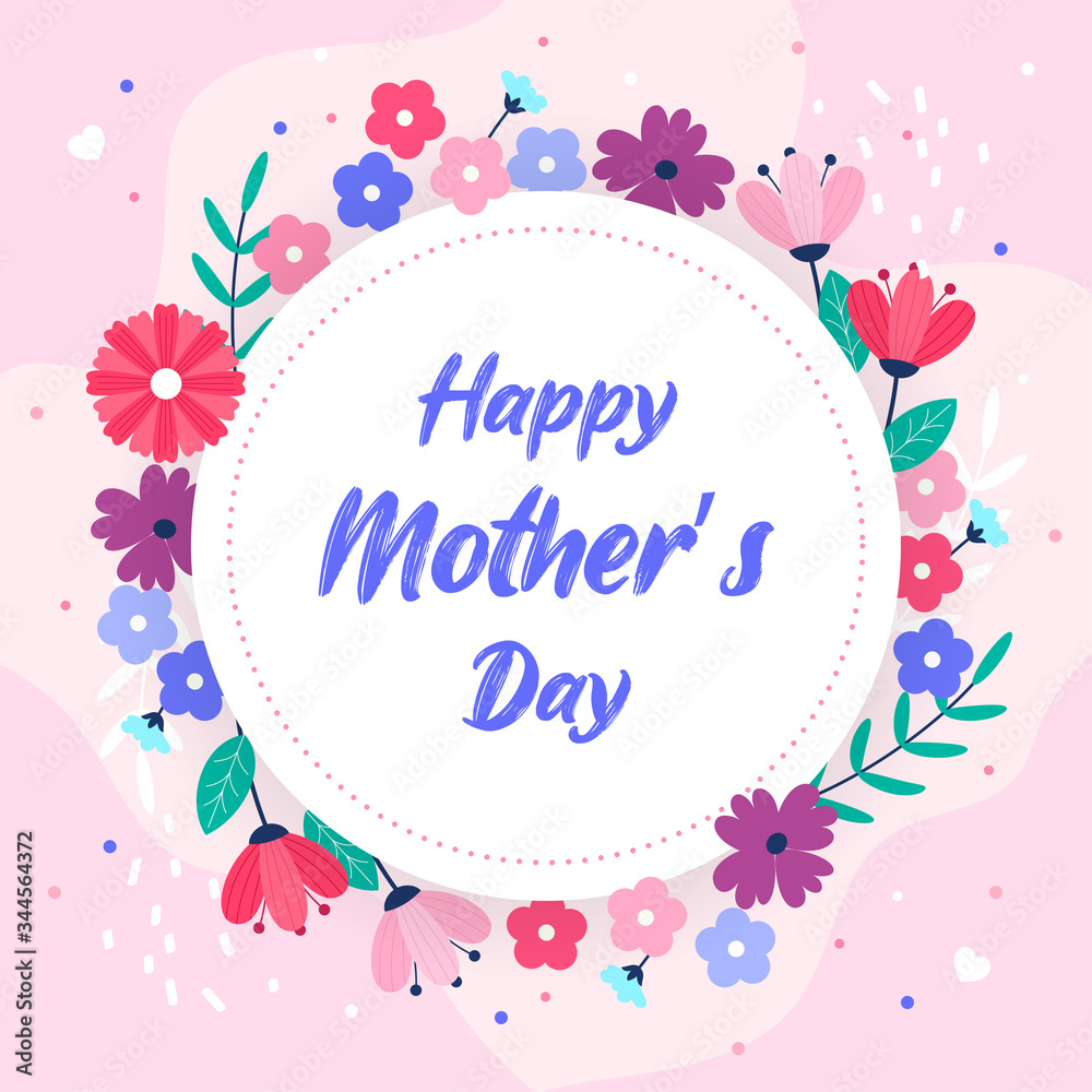 Happy Mother's Day Greeting Card vector illustration. Beautiful flowers garland frame on pink background