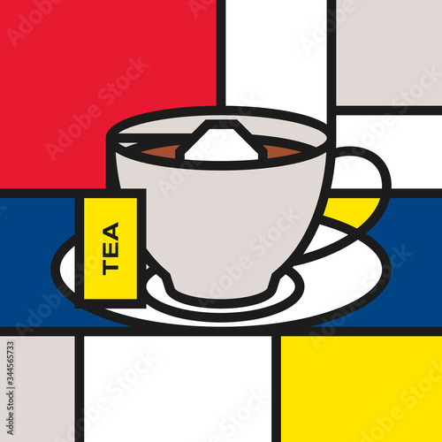 Tea cup with tea bag. Modern style art with rectangular colour blocks. Piet Mondrian style pattern.