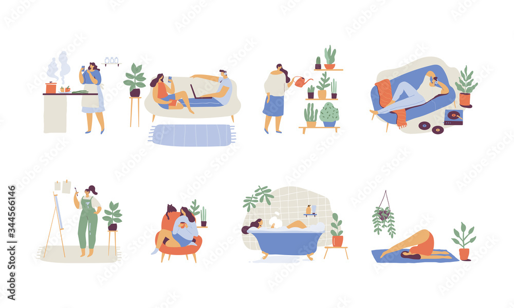 People spending time at home flat vector illustration. Relaxing at home, leisure time People spending time at home flat vector illustration. Relaxing at home, leisure time