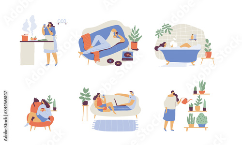 People spending time at home flat vector illustration. Relaxing at home, leisure time