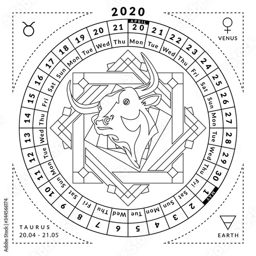 Taurus zodiacal coloring book with caledar of year 2020
