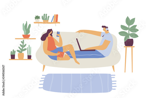 Couple spending time at home flat vector illustration. Man with laptop and woman with cell phone sitting on couch. Relaxing at home, leisure time