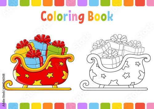 Coloring book for kids. Christmas sleigh. Cartoon character. Vector illustration. Fantasy page for children. Black contour silhouette. Isolated on white background.