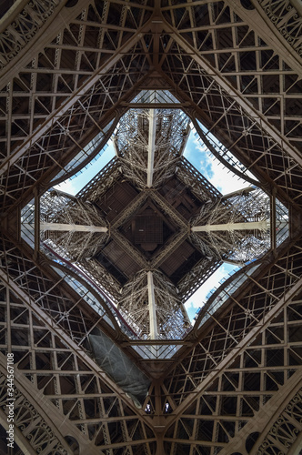 Eiffel Tower architecture detail, symmetric view from the bottom central part of the Eiffel Tower.