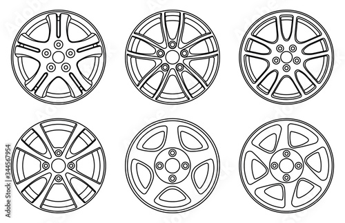 Car rim icons. Vehicle parts. Thin line vector photo