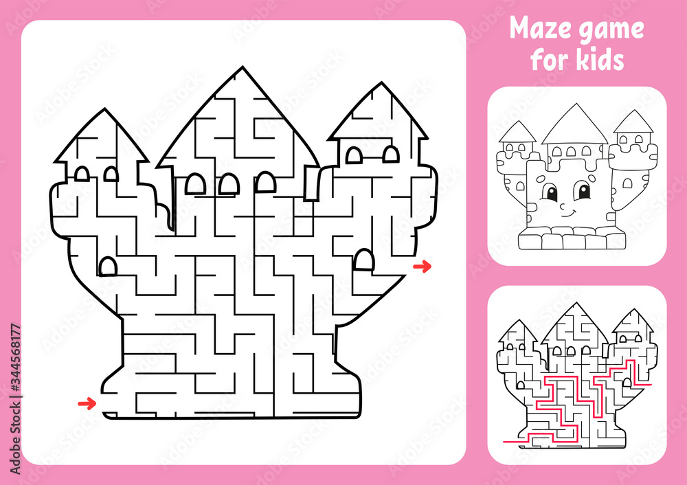 Abstract maze. Royal Castle. Game for kids. Puzzle for children. Labyrinth conundrum. Find the right path. Education worksheet. With answer.