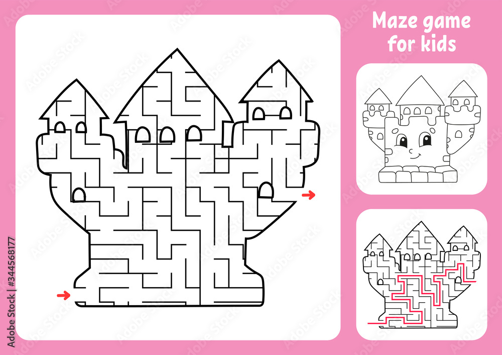 Fototapeta premium Abstract maze. Royal Castle. Game for kids. Puzzle for children. Labyrinth conundrum. Find the right path. Education worksheet. With answer.