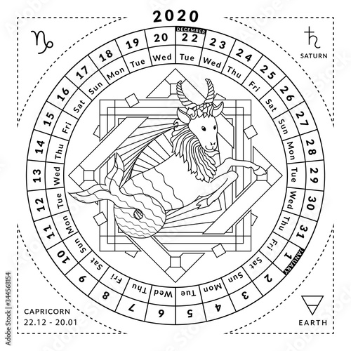 Capricorn zodiacal coloring book with caledar of year 2020