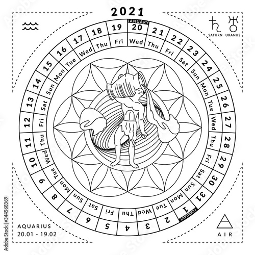 Aquarius zodiacal coloring book with caledar of year 2020