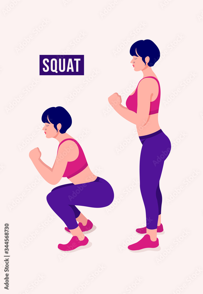 Girl doing SQUAT exercise, Woman workout fitness, aerobic and exercises. Vector Illustration.