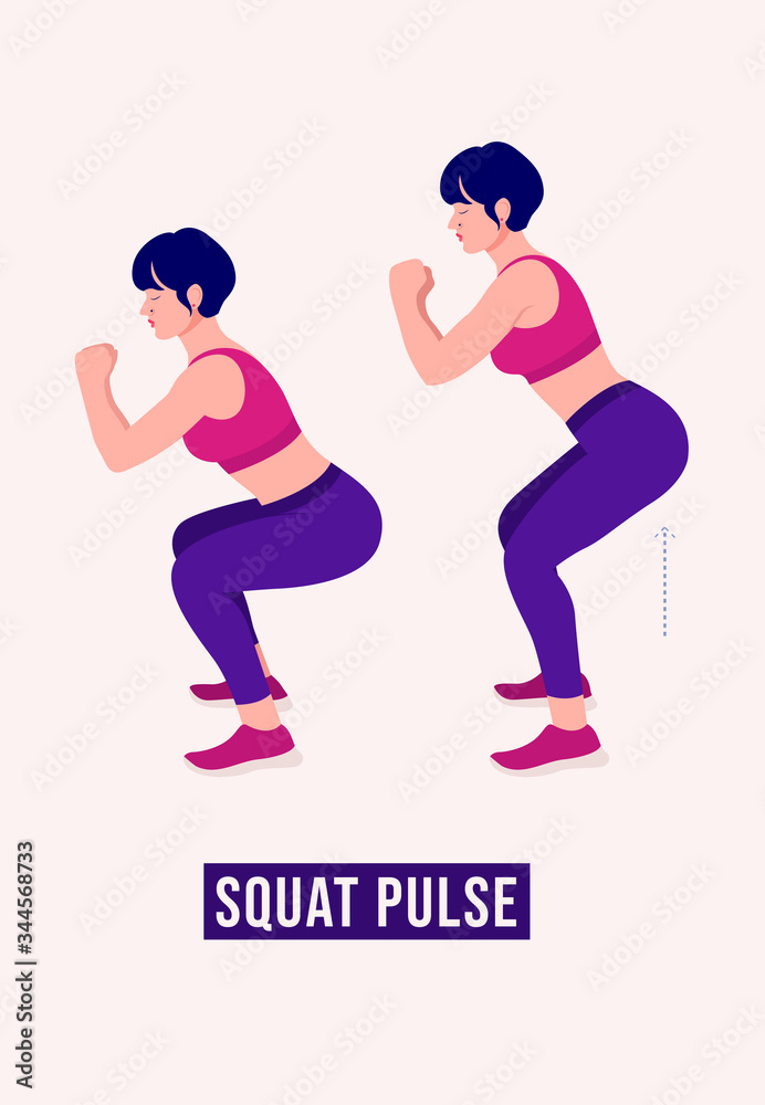 Girl doing Squat Pulse exercise, Woman workout fitness, aerobic and exercises. Vector Illustration.