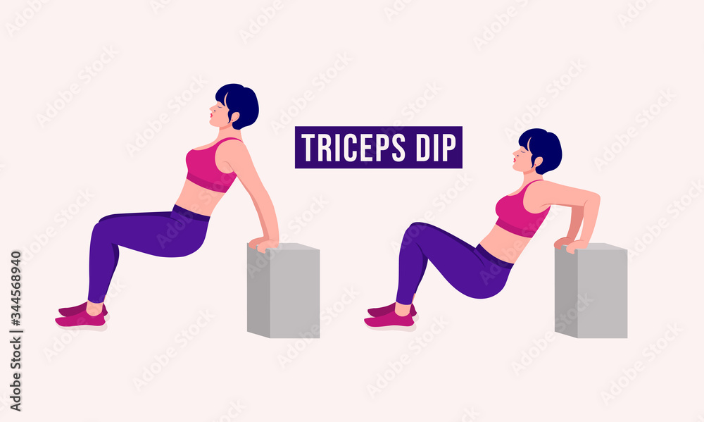 Girl doing Triceps Dip exercise, Woman workout fitness, aerobic and exercises. Vector Illustration.