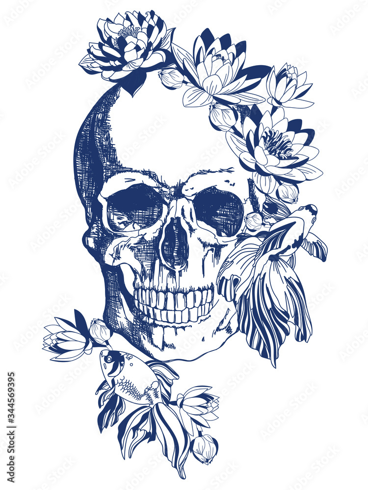Fototapeta premium Blue skull with goldfish and flowers vintage style illustration