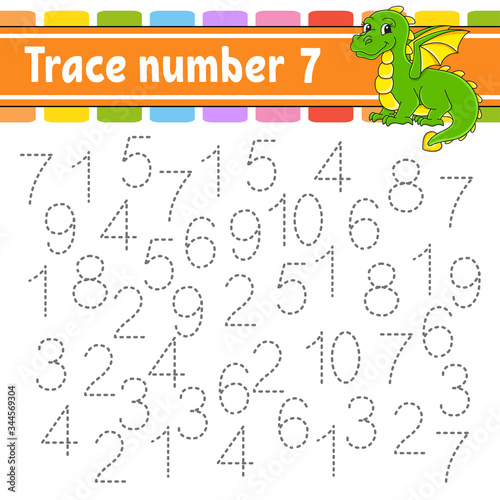 Trace number 7. Handwriting practice. Learning numbers for kids. Education developing worksheet. Activity page. Game for toddlers and preschoolers. Isolated vector illustration in cute cartoon style.