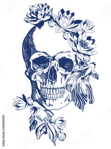 Blue skull with goldfish and flowers vintage style illustration