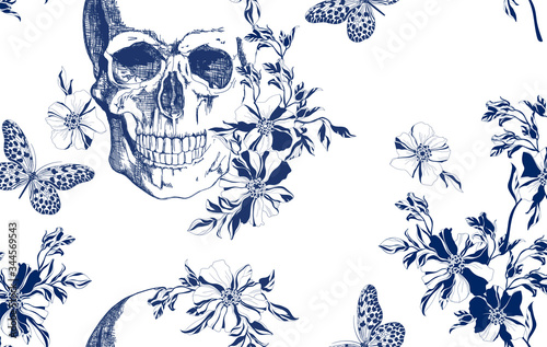 Vintage blue skull with flowers and butterflies seamless pattern