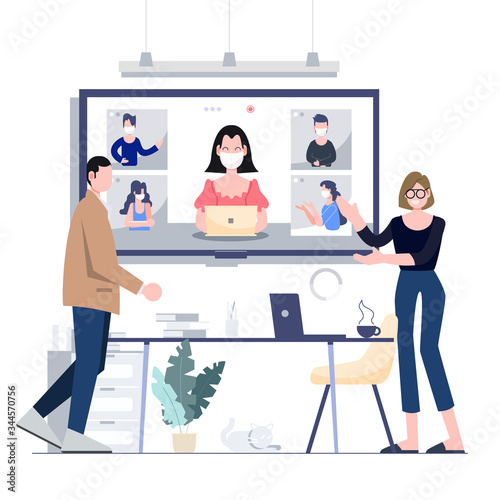 Work from home teleconference for business locked down. Stay at home. Covid-19 coronavirus outbreak concept. Flat design abstract people.