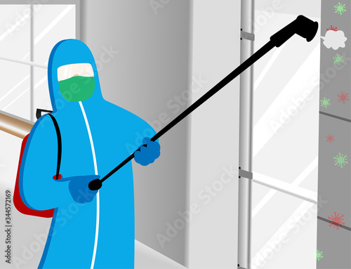 Illustration vector graphic of Disinfectant worker tries to cleaning every corner in the office room, sterilization coronavirus or COVID-19.