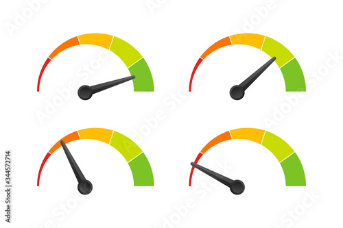 Rating customer satisfaction meter. Different emotions art design from red to green. Abstract concept graphic element of tachometer, speedometer, indicators, score. Vector stock illustration.