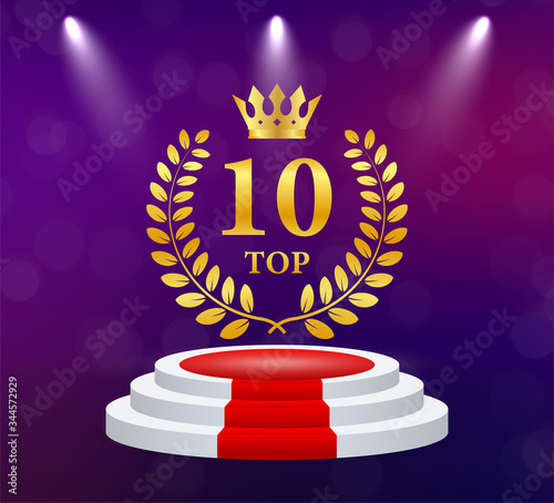 Top 10. Golden laurel wreath icon. Victory prize. Trophy cup. Vector stock illustration.