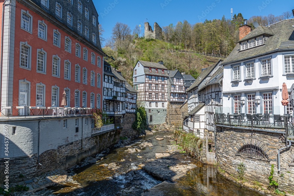 Fototapeta premium Monschau, beautiful old medieval German town in Eifel Region of West Germany, situated in Nortj Rhine-Wesphalia on the Belgian border..,